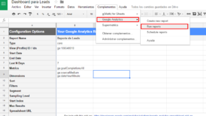 correr reporte de Google Analytics en google sheets